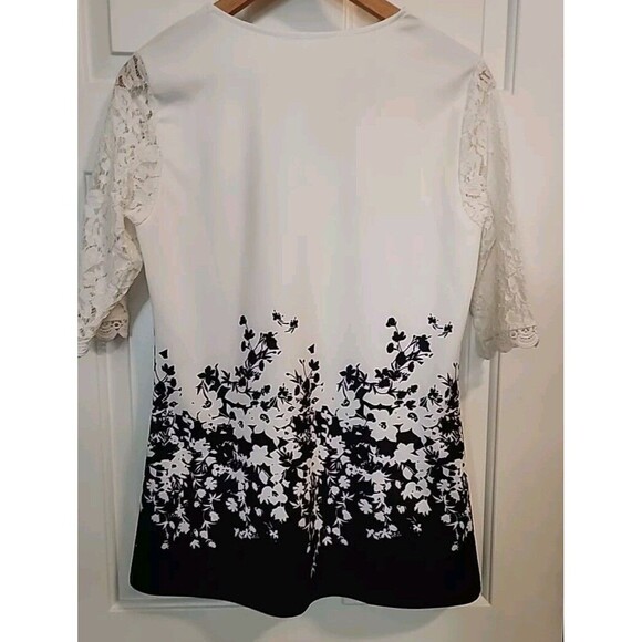 Black And White Women's Floral Lace 3/4.Sleeves Top Small Silky Tunic Blouse - Picture 2 of 7